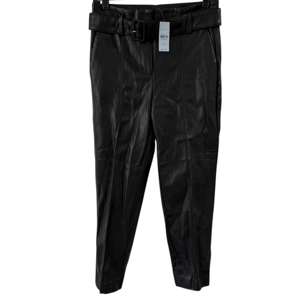 Ann Taylor Loft Belted Faux Leather Pants Womens 4P Black New